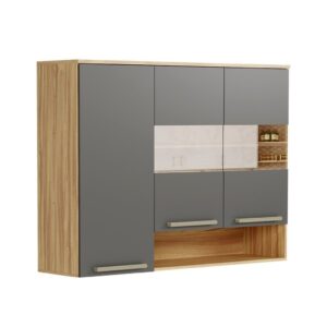 Armário Aéreo de Cozinha 120cm com 3 Portas Vidro Reflecta e Nicho 100% MDF Itália Espresso Móveis Amêndoa/Chumbo - Oferta na Shopee