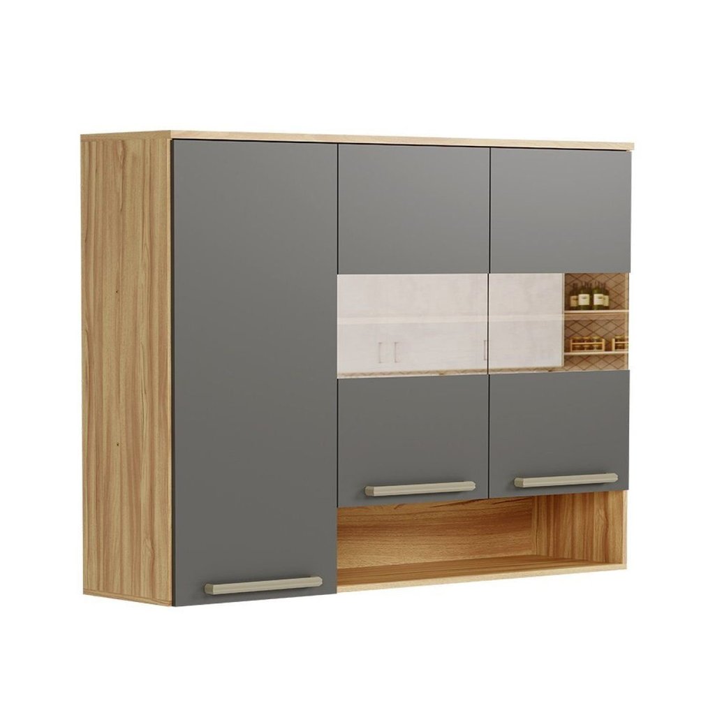Armário Aéreo de Cozinha 120cm com 3 Portas Vidro Reflecta e Nicho 100% MDF Itália Espresso Móveis Amêndoa/Chumbo Armário Aéreo de Cozinha 120cm com 3 Portas Vidro Reflecta e Nicho 100% MDF Itália Espresso Móveis Amêndoa/Chumbo - Oferta na Shopee