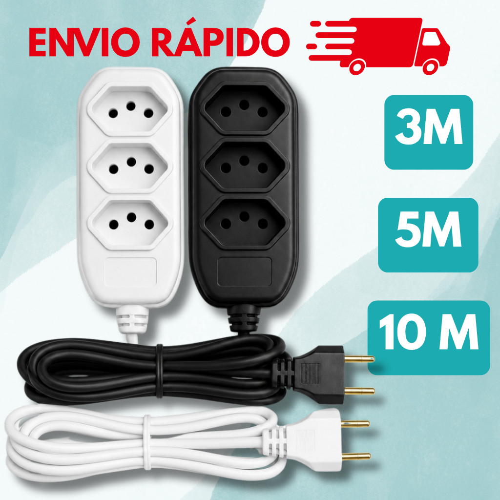 Extensão elétrica de 2, 3, 5 e 10 metros bivolt 110v/220v preta 3 pinos 10A padrão BRA NBR 14136 Extensão elétrica de 2, 3, 5 e 10 metros bivolt 110v/220v preta 3 pinos 10A padrão BRA NBR 14136