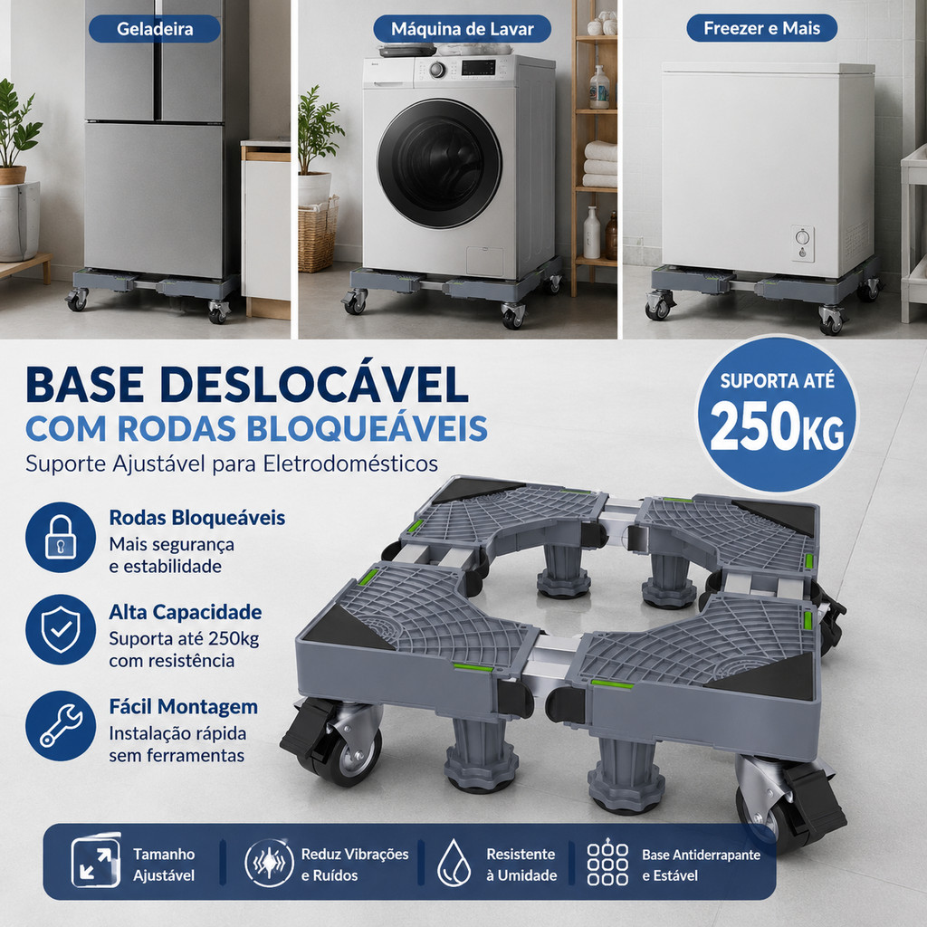 Base Deslocável Com Rodas Bloqueáveis Suporta 250kg Fácil Montagem para Lavadora e Geladeira Base Deslocável Com Rodas Bloqueáveis Suporta 250kg Fácil Montagem para Lavadora e Geladeira