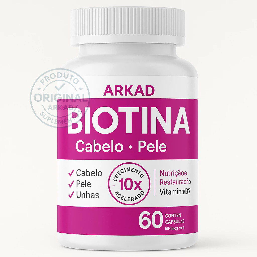 Biotina ARKAD 60 Cápsulas – Crescimento 10x Rápido | Cabelo, Pele e Unhas Fortes | 100% Vegano Biotina ARKAD 60 Cápsulas – Crescimento 10x Rápido | Cabelo