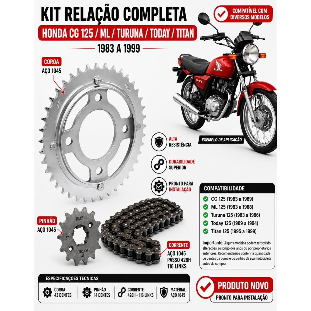 Kit Relação Completa Honda Cg 125 Titan Today Ml 1983 Até 1999 Kit Relação Completa Honda Cg 125 Titan Today Ml 1983 Até 1999
