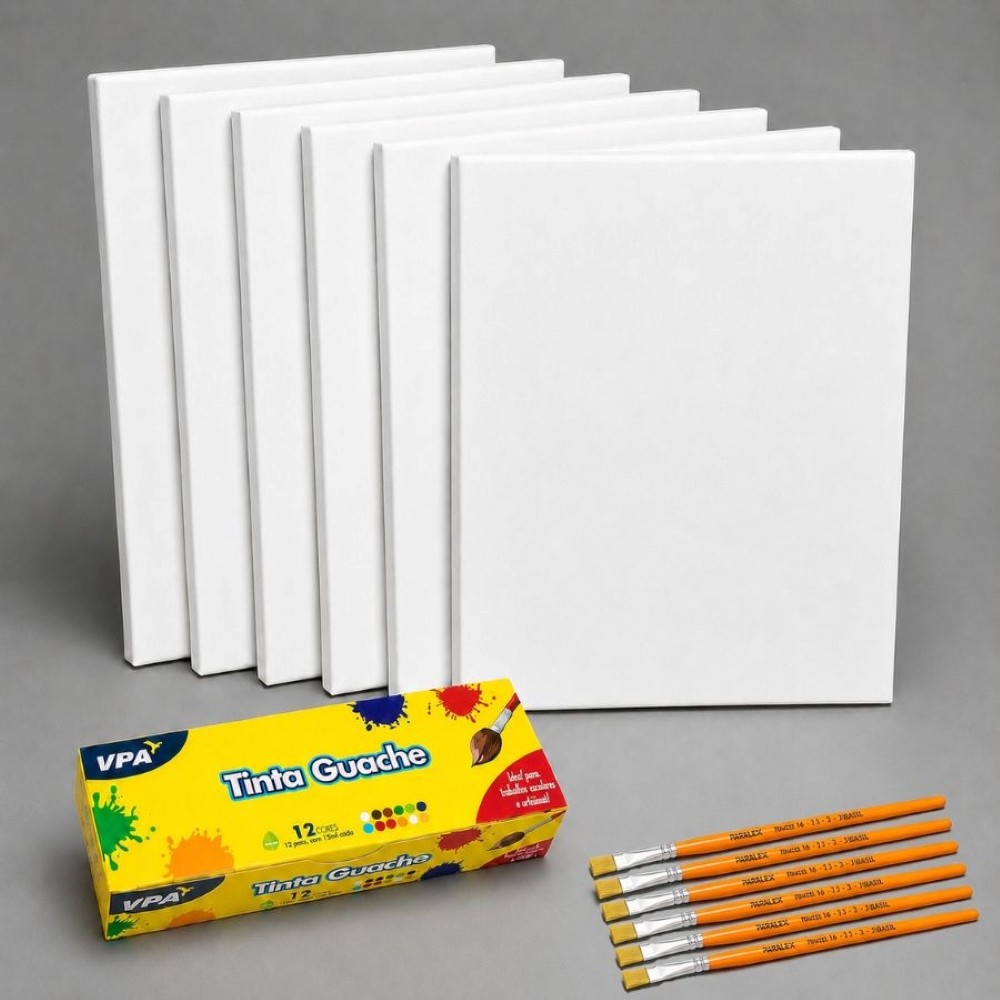 Kit Pintura Completo 6 Telas 20x30cm Tinta Guache 12 Cores e 6 Pincéis Kit Pintura Completo 6 Telas 20x30cm Tinta Guache 12 Cores e 6 Pincéis - Oferta na Shopee