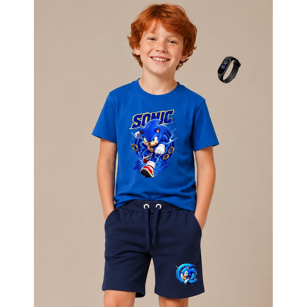 Conjunto de meninos infantil masculino camiseta e short com relógio personagem 4 ao 16 Conjunto de meninos infantil masculino camiseta e short com relógio personagem 4 ao 16