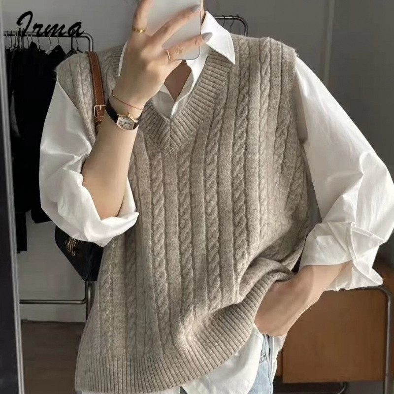 Suéter Feminino Novo 2026 Colete sem Mangas Tricotado Gola V Oversized Colete Suéter Feminino Novo 2026 Colete sem Mangas Tricotado Gola V Oversized Colete