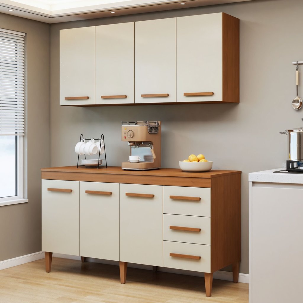 Cozinha Completa Modulada 7 Portas 3 Gavetas Atenas Nature/Off White Cozinha Completa Modulada 7 Portas 3 Gavetas Atenas Nature/Off White