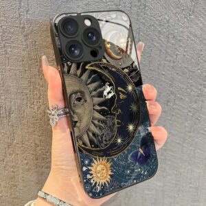 Arte Sol Pessoa Lua Padrão Caso De Vidro Temperado Para iPhone 17 16E 15 14 13 12 11 Pro Max Plus XS Capa - Oferta na Shopee