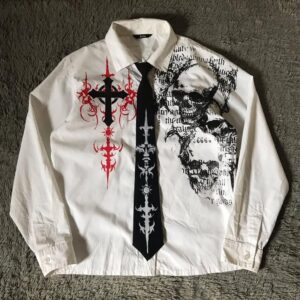 Y2K Branco Manga Comprida Camisa Aflição Nova Retro T Harajuku Crânio Santo Escrito Carta Impressão Camiseta Moda Topos - Oferta na Shopee