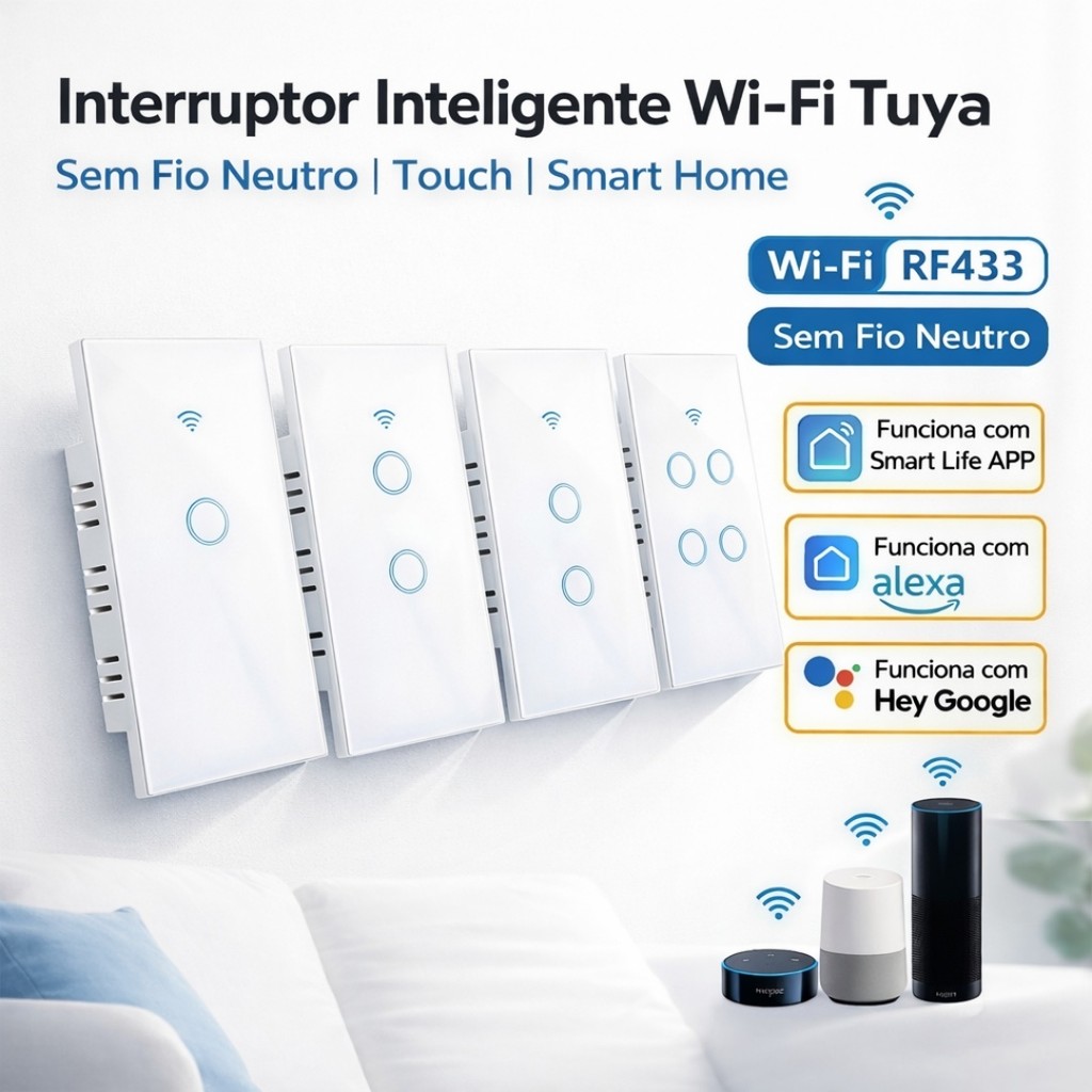 Interruptor Smart Wi-Fi Touch sem Fio Neutro, Controle por App e Voz Interruptor Smart Wi-Fi Touch sem Fio Neutro, Controle por App e Voz