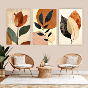 Quadro decorativo 3 peças terracota flores tons terrosos abstrato para sala quarto loja studio - Oferta na Shopee