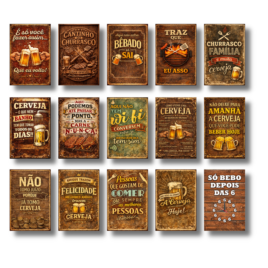 Kit 15 Placas Decorativas Vintage Bar Churrasco Cerveja Kit 15 Placas Decorativas Vintage Bar Churrasco Cerveja