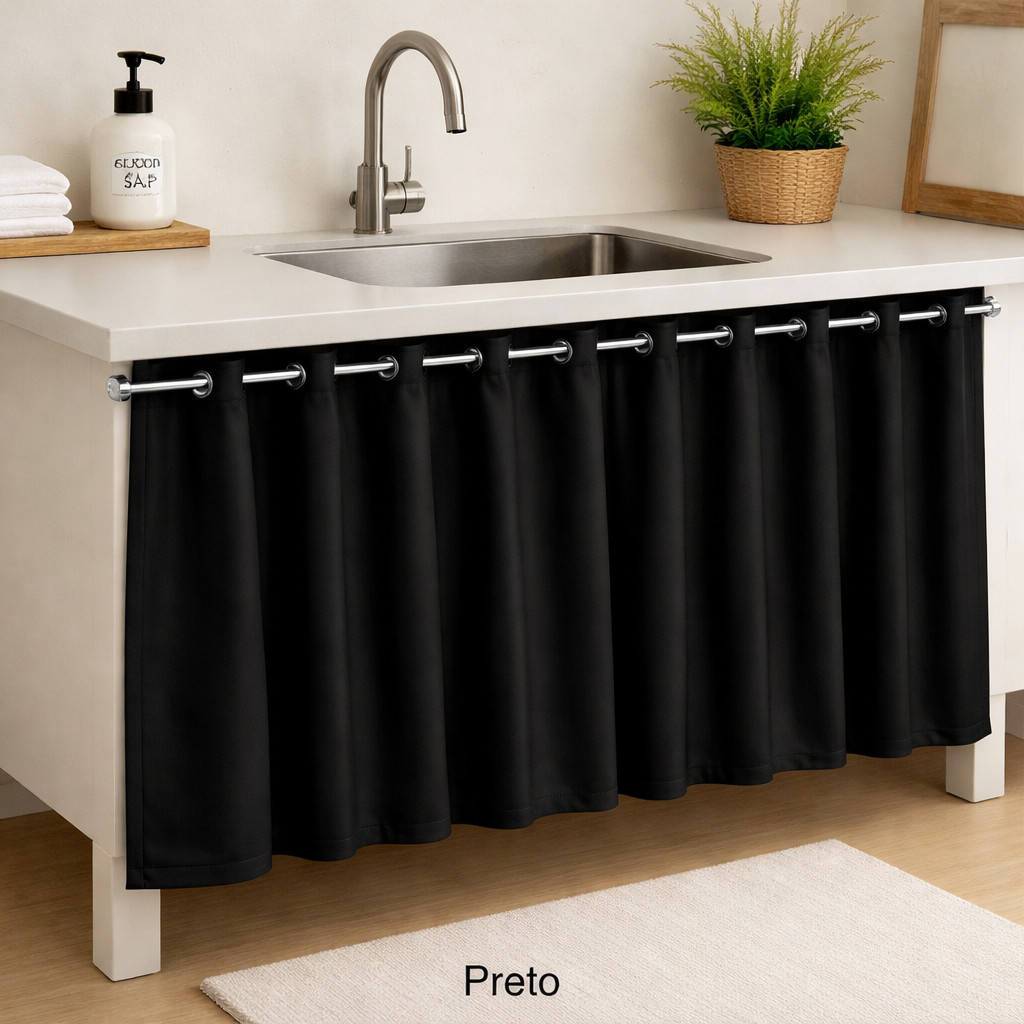 Cortina de Pia Blackout 1,40x0,80 com Ilhós Cromado Tecido Resistente Lavável Costura Reforçada Cortina de Pia Blackout 1
