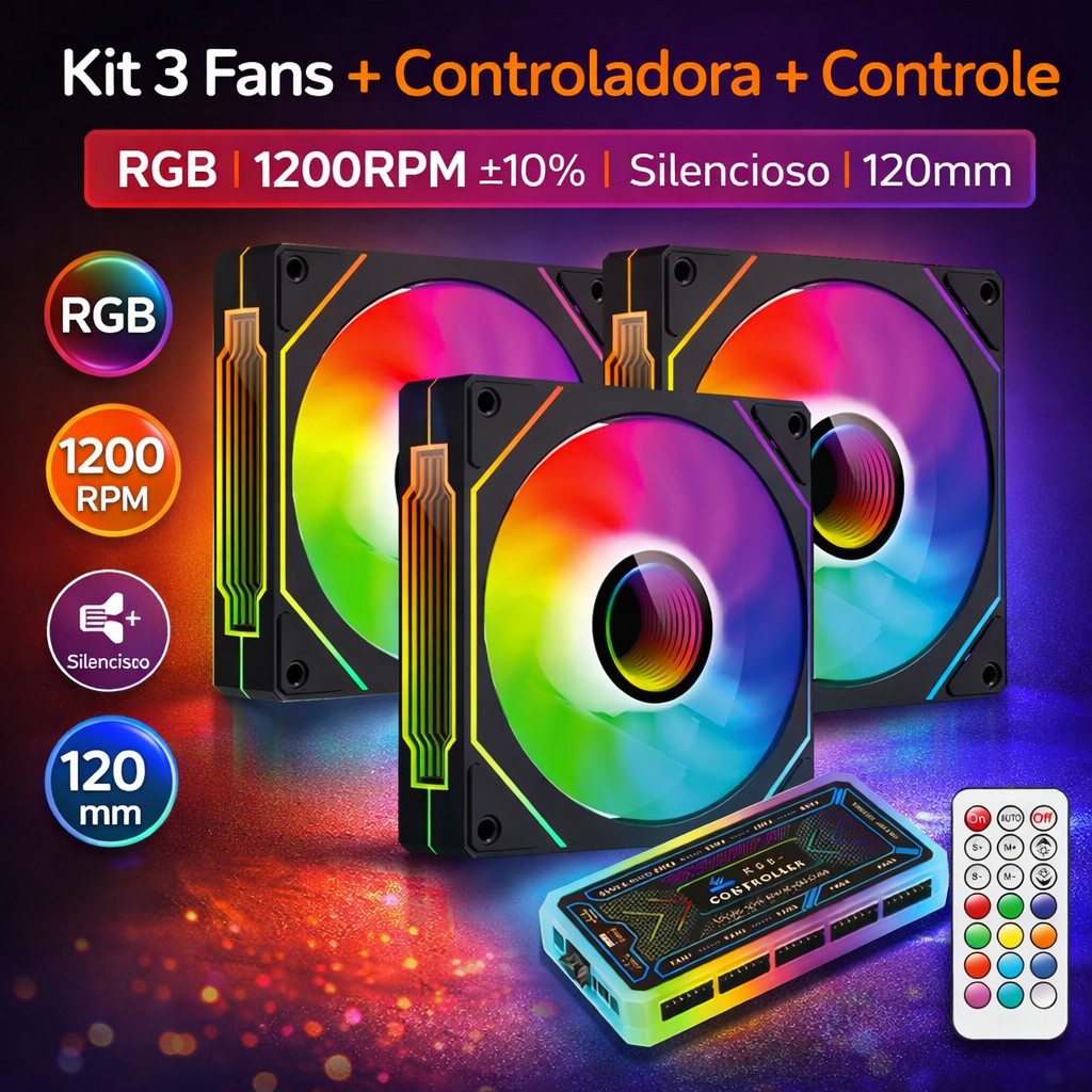 Kit 3-7 Fan Ventoinhas Controladora RGB Gamer 120mm AITEK DELTA C1263P Controle de Cores Kit 3-7 Fan Ventoinhas Controladora RGB Gamer 120mm AITEK DELTA C1263P Controle de Cores