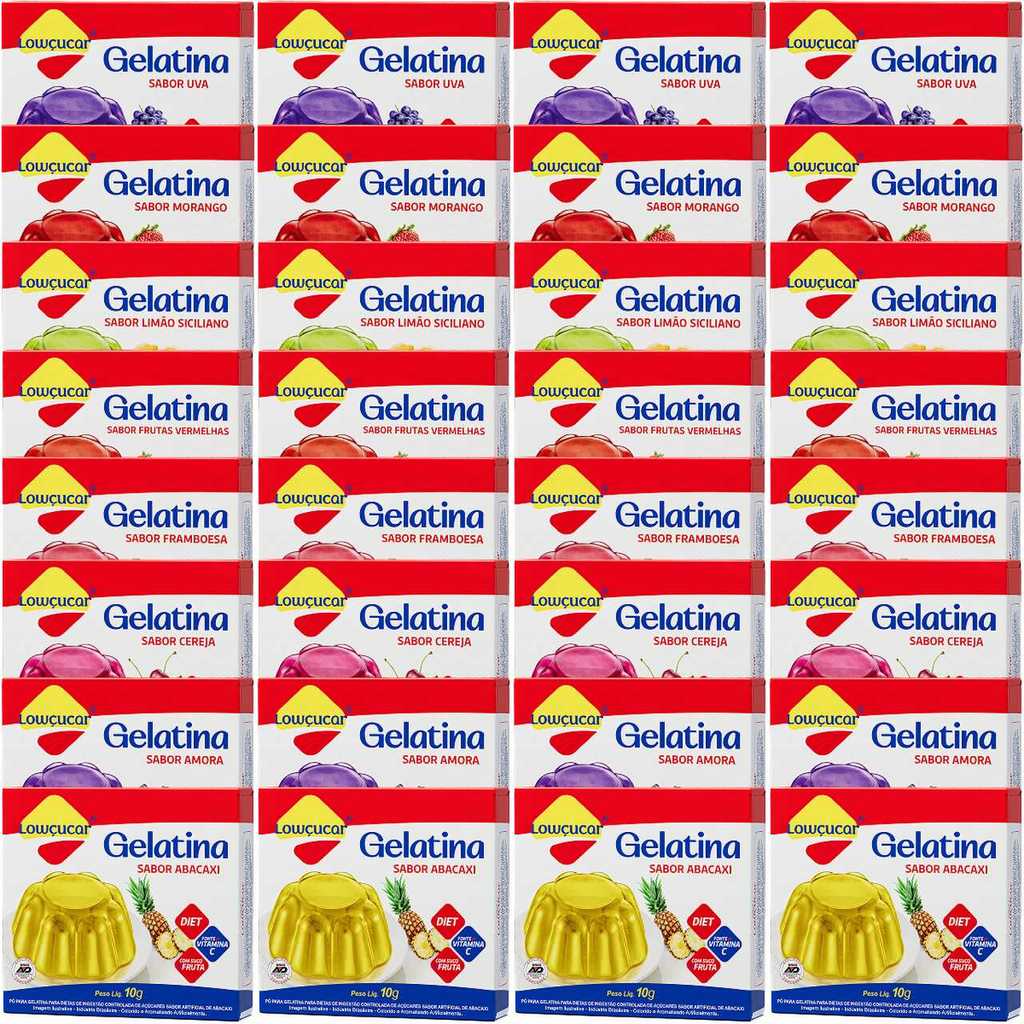 Kit com 32 Unidades de Gelatina Zero Lowçucar 10g Sabores Variados Kit com 32 Unidades de Gelatina Zero Lowçucar 10g Sabores Variados