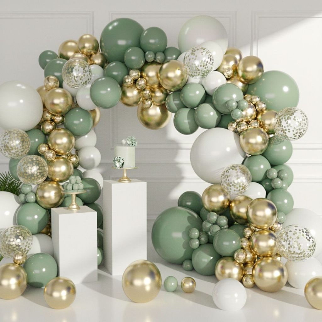 Kit 145 Balões + Fita Bexiga Verde Branco Liso Cromado Dourado Arco Desconstruído Decoração Enfeite Festa Aniversario Kit 145 Balões + Fita Bexiga Verde Branco Liso Cromado Dourado Arco Desconstruído Decoração Enfeite Festa Aniversario