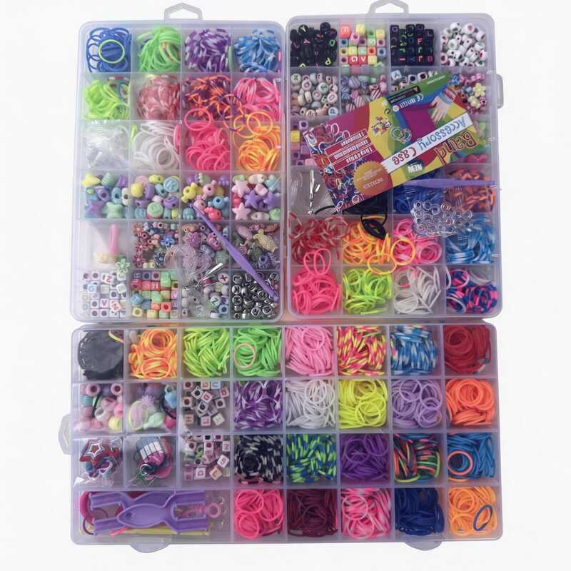 Kit Pulseira Fábrica Elásticos Silicone Maleta Loom Band Miçangas Manual Kit Pulseira Fábrica Elásticos Silicone Maleta Loom Band Miçangas Manual