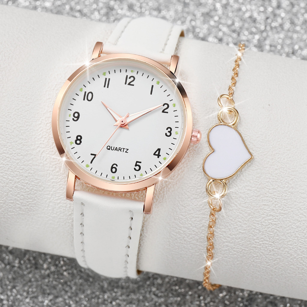 Conjunto Elegante De Relógio Feminino E Pulseira De Coração Com 2 Peças-Quartzo Mostrador Árabe Couro Conjunto Elegante De Relógio Feminino E Pulseira De Coração Com 2 Peças-Quartzo Mostrador Árabe Couro