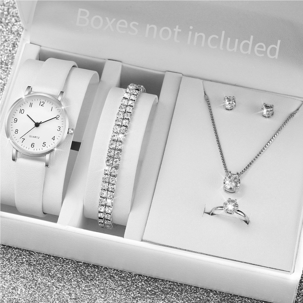 Conjunto De Relógio Feminino 6 Peças , Pulseiras De Couro De Quartzo , Joias Com Strass , Pulseira Elegante , Acessório Conjunto De Relógio Feminino 6 Peças