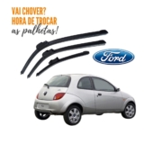 Kit Palheta Limpador Parabrisa Dianteiro + Traseiro Ford Ka 1997 a 2001 Encaixe Traseiro tipo Click