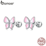 Bamoer Brincos De Tarraxa De Prata S925 Rosa/Borboleta Para Mulheres/Meninas/Bijuteria/Presente SCE1495