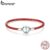 Bamoer 925 Pulseira De Couro Vermelho Prata Real Encanto De Corda Para Mulheres Com Furo De 3mm BSB042