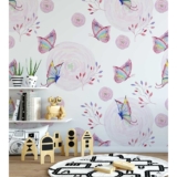 Papel de parede com borboletas e flores, em tons de roxo e branco