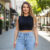 Top Cropped Slim Preto Vermelho Gola Alta Top Para treinar Academia Fitness