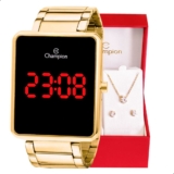 Relógio Champion Feminino Digital Dourado + Kit Colar e Brincos Original Presente Moda CH40086V