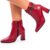 Bota Feminina Lumiss Cano Curto Salto Alto Grosso Strass Bico Fino Confortável Vermelho Marsala