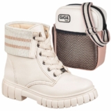 Kit Bota Feminina Infantil Tratorado Cano Curto Elástico Bolsinha Bag Transversal Ombro Estilosa