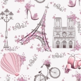 Papel de Parede Infantil Paris fundo rosa claro Lambretas e Flores Para Sala e Quarto 1,50 mts