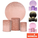 Capa De Cilindro E Painel Redondo Festa Efeito Glitter Em Tecido Sublimado Veste Fácil