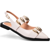 Sapatilha Feminina Slingback Lumiss Tachas Confortável Bico Fino Off White