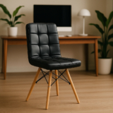 Cadeira Estofada Confortável Para Mesa De Jantar Cozinha Base Madeira Charles Eames Gomos Preta