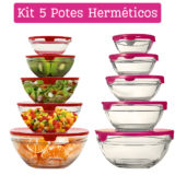 Conjunto Tigela De Vidro Bowl Marmita  Com Tampa 5 Potes Com Tampa Conserva O Alimento