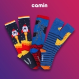 KIT 3 Pares Meia Menino Cano Alto 3/4 Várias Estampas Camin Promoção