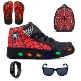 Kit Tenis Botinha de Led Meninos Cano Alto Aranha Ajuste Facil + Mochila Chinelo Oculos e Relogio