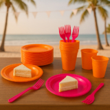 Kit Festa Tardezinha Rosa e Laranja Descartáveis para 50 ou 150 Pessoas