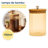 Pote Vidro Borossilicato Canelado Âmbar Com Tampa de Bambu 750ml Puxador Luxo