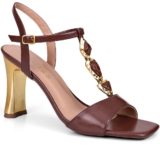 Sandália Feminina Lumiss Salto Alto Bloco Metalizado Dourado Enfeite Pedras Fivela Blogueira