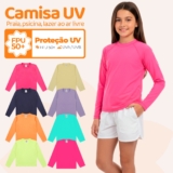 Kit 2, 3 ou 4 Camiseta Termica Infantil Menina Proteção Solar Moda Praia Feminina Manga Longa