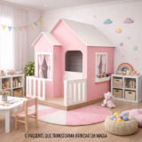Casinha de Brinquedo Artesanal Janela Lateral Versátil com Cortinas MDF Rosa/Branco L12 – Gran Belo