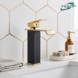 YESOP Torneira Banheiro Preta Dourada Cascata Quadrado Misturador Monocomando Luxo Inox Alta 18cm