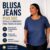 Blusa Feminina Plus Size Manga Jeans Tencel Com Trançado no Pescoço Cor Clara Escura P ao G2