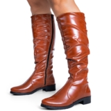 Bota Feminina Lumiss Montaria Cano Longo Slouchy Enrugada Salto Baixo Bico Redondo Caramelo