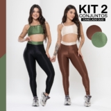 Kit 2 Conjuntos Fitness De Academia Duo Trilobal Canelado Brilhoso Legging Alta Compressão