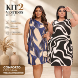 Kit com 2 Vestidos Curto Regata com Bolsos Plus Size Curve Confortável Elegante Casual Moda Feminina Plus Size