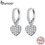 BAMOER Heart Design Clip Earring For Female Authentic 925 Silver Shiny Stone