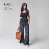 Lovito x Glenda Jeans casual simples com lavagem crua para mulheres 102AD449
