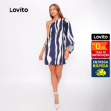 Lovito Vestido Feminino Curto Um ombro Só Estampa Listras LB408BRL437